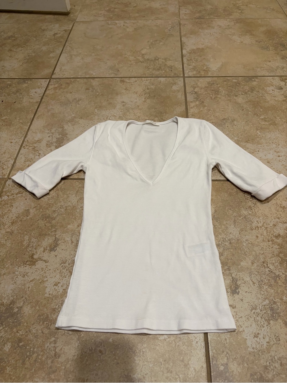 Zara White V-Neck Long Sleeve Tee